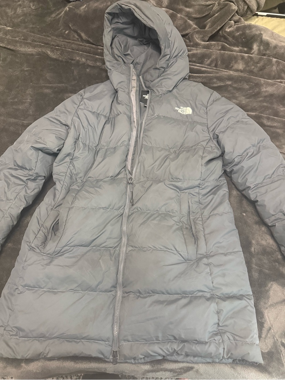 The North Face Women’s Hooded Long Puffer Jacket in Gray